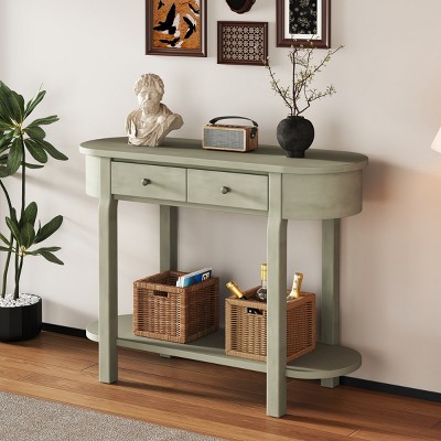 Retro Solid Wood Console Table, Curved Design with 2 Drawers & Open Shelf, Entryway & Living Room Furniture – Cuddlewood