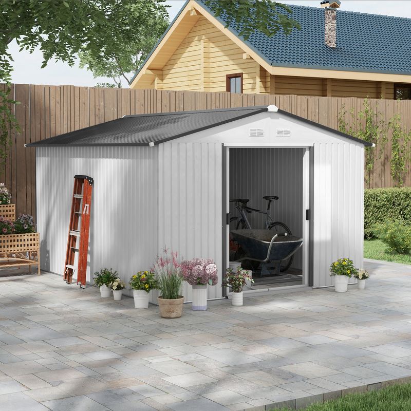 Outsunny 11' x 9' Metal Storage Shed Garden Tool House with Double Sliding Doors, 4 Air Vents for Backyard, Patio, 3 of 7