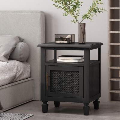 INFURNIC Nightstands Rustic Acacia Wood Nightstand with Cane Webbing Storage Cabinet and Open Shelf, Black, 19.5"*15.75"*24"