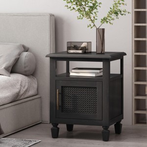 INFURNIC Nightstands Rustic Acacia Wood Nightstand with Cane Webbing Storage Cabinet and Open Shelf, Black, 19.5"*15.75"*24" - 1 of 4