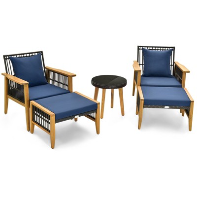 Tangkula 5PCS Acacia Wood Wicker Woven Furniture Set w/ Coffee Table & 2 Ottomans Patio