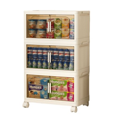SEVOBAL Utility Storage Cabinets 3-Tier Folding Storage Cabinet with Wheels Magnetic Door for Bedroom, Closet, Nursery, White, 11.81"*19.69"*31.1"