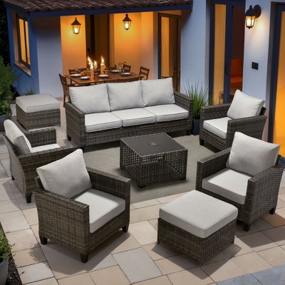 XIZZI Outdoor Sectional Sofa Set, Modular Outdoor Gray Wicker Sofa Set with Optional Solar Table, Ottomans or Fire Pit in 6 Colors, All-Weather Design