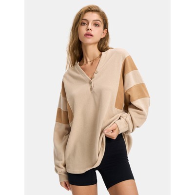 EXLURA Women's Oversized V Neck Henley Shirt Patchwork Color Block Sweatshirt Long Sleeve Button Pullover Tunic Tops