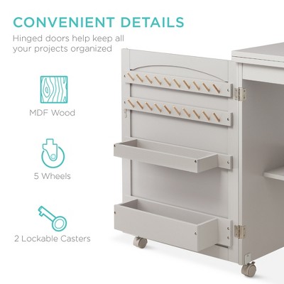 Gray Folding Sewing Table with Storage and Wheels