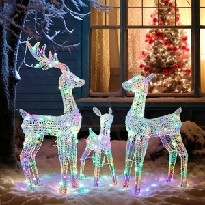 VINGLI Lighted Reindeer Christmas Decoration, 3-Piece Deer Family Set with Pre-lit 270 LED, Christmas Deers,Timer Remote Control, Plug-in, Transparent - 1 of 4