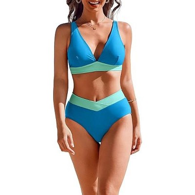 AI'MAGE High Waisted Bikini Set for Women Tummy Control Women's 2 Piece Bathing Suit V Neck Color Block Swimsuit 2025
