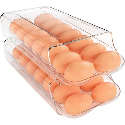 2 Pack Automatic Rolling Egg Container for Refrigerator, Clear Plastic Egg Dispenser with Removable Inner Tray