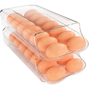 2 Pack Automatic Rolling Egg Container for Refrigerator, Clear Plastic Egg Dispenser with Removable Inner Tray - 1 of 4