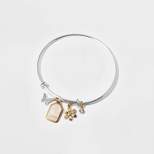 Silver Plated 'Sisters' Cubic Zirconia Butterfly and Flower Charm Bangle Bracelet - Gold