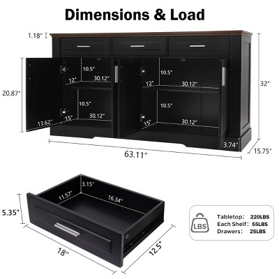 Panipeachy 63" Modern Fluted Sideboard Buffet Cabinet, 4 Doors and 3 Drawers, Black Kitchen and Dining Storage Cabinet for Living Room or Entryway — фото 4