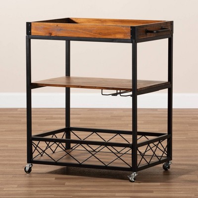 Capri Rustic Oak and Black Metal Mobile Bar Cart with Wine Storage