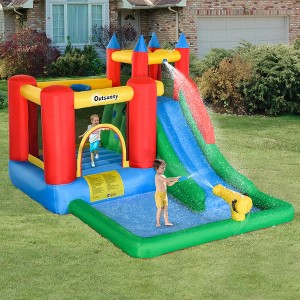 130.00"Outsunny 6-in-1 Kids Bounce House Inflatable Water Slide with Pool, Water Cannon, Climbing Wall, Inflator Included,Multicolor - 1 of 4