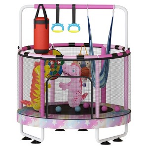 Hooseng 55" 7-in-1 Round Trampoline for Kids with Safety Enclosure Net, Indoor & Outdoor Toddler Trampoline with Adjustable Gymnastics Bar & Toys - 1 of 4