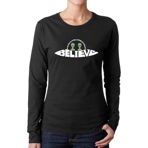 LA Pop Art Believe UFO - Women's Word Art Long Sleeve T-Shirt - 1 of 4