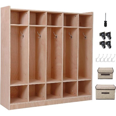 5-Section Classroom Locker with 10 Cubbies, 5 Hooks & 2 Storage Boxes, Plywood Construction, 4 Casters & Anti-Tip Design for School/Home