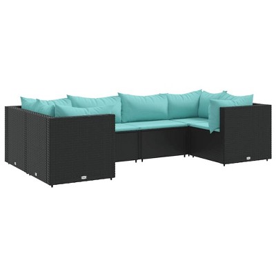 vidaXL 6 Piece Patio Lounge Set with Cushions Black and Blue Poly Rattan - 4x Corner 2x Middle