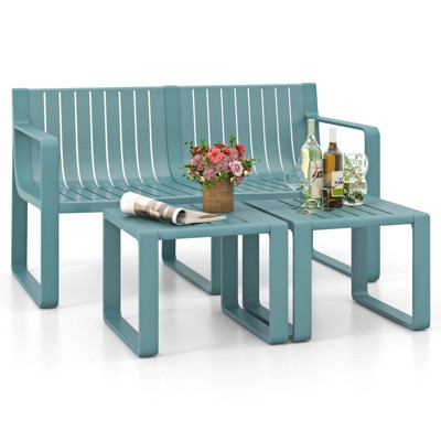 Tangkula 3 PCS Patio Furniture Set w/1 Loveseat & 2 Side Tables All-Weather Bistro Set Blue