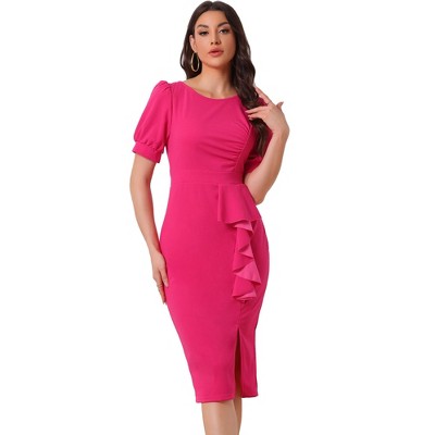 Allegra K Women's Summer Ruffle Puff Sleeve Slit Cocktail Party Bodycon Dress