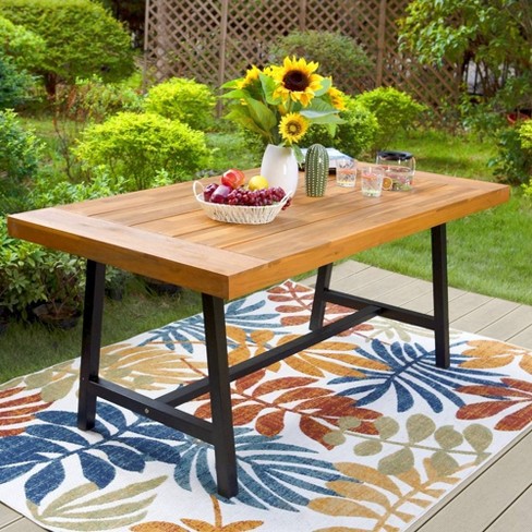 Outdoor Acacia Wood Rectangle Dining Table With Steel Frame