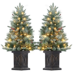 2 Pcs 3 Ft Prelit Artificial Christmas Tress with 78 Warm White Lights,Brown Lamp Base,Snow Flocked Xmas Tree for Christmas,Bedroom,Photography Decor - 1 of 4