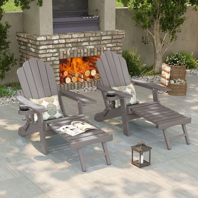 Sonkuki 2-Piece Folding Adirondack Chair with Retractable Ottoman, Fire Pit Patio Chair with Cup Holder Lawn Outdoor Lounge Chair