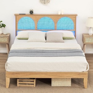 Homhougo Rattan Queen Bed Frame with Headboard, Natural Bed Frames with LED Lights and Storage Headboard, Solid Wood Legs, Noise Free - 1 of 4