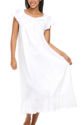 ADR Women's Cotton Victorian Nightgown, Katelyn Short Sleeve Lace Trimmed  Button Up Long Nightshirt White X Large