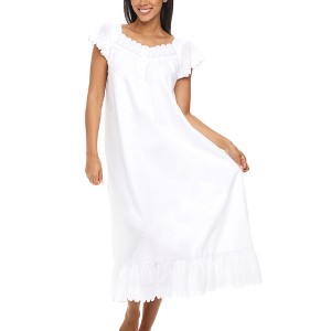 ADR Women's Cotton Nightgown, Short Sleeve Lace Trimmed Button Up Long Vintage Night Dress Gown - 1 of 4