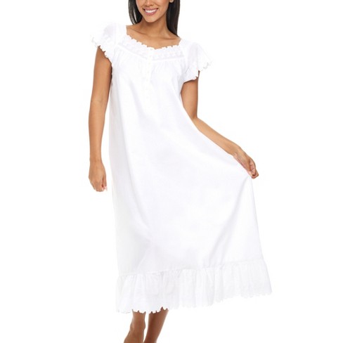 ADR Women's Cotton Victorian Nightgown, Katelyn Short Sleeve Lace Trimmed  Button Up Long Nightshirt White X Small