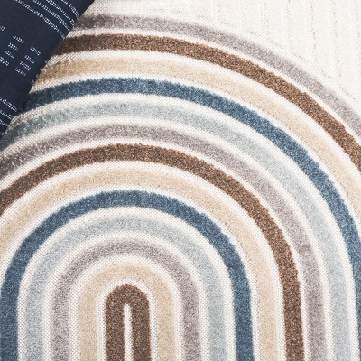 Ivory and Brown Blue Geometric Synthetic Indoor/Outdoor Area Rug, 5'2" x 7'6"