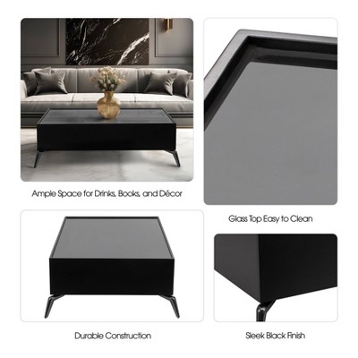 Black Rectangular Wood and Glass Coffee Table with Sleek Legs