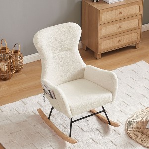 CAVINAS Teddy Fabric Rocking Chair,Plush High Back Armchair with Solid Wood Legs,250lb Capacity Comfy Nursery and Living Room Chair,Off White - 1 of 4