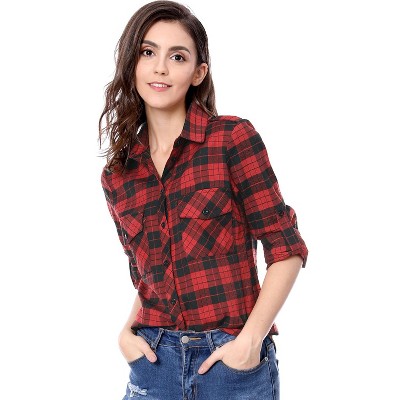 Allegra K Women Check Roll Up Sleeves Flap Pockets Brushed Shirt Black Red  Large