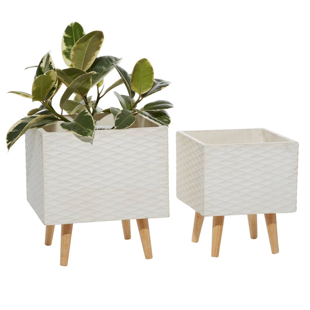 Photos - Flower Pot Set of 2 Textured Fiberclay Square Planters White - Olivia & May: Contempo