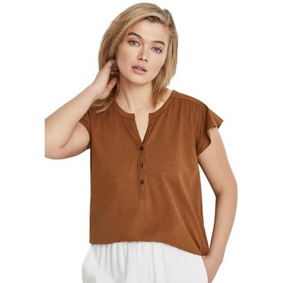 ellos Women's Plus Size Cap Sleeve Henley Tee