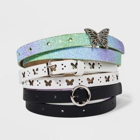 Kids' 3pk Butterfly Themed Belt Set - Cat & Jack™ Purple/White/Black S