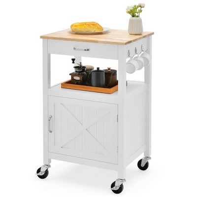 Tangkula Small Kitchen Island on Wheels Mobile Trolley Cart Barn Door Drawer Hooks
