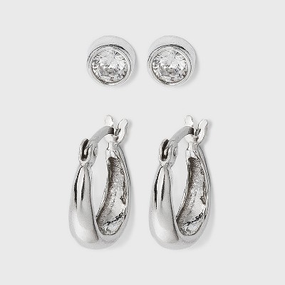 Sterling Silver Cubic Zirconia and Click Top  Hoop Stud Earring Set 2pc - A New Day™ Silver