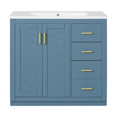 Vynxaria 36 inch Indigo Blue Freestanding Single Sink Bath Vanity with White Ceramic Top Three Full Extension Drawers Two Soft Close Doors