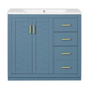 Vynxaria 36 inch Indigo Blue Freestanding Single Sink Bath Vanity with White Ceramic Top Three Full Extension Drawers Two Soft Close Doors - 1 of 4