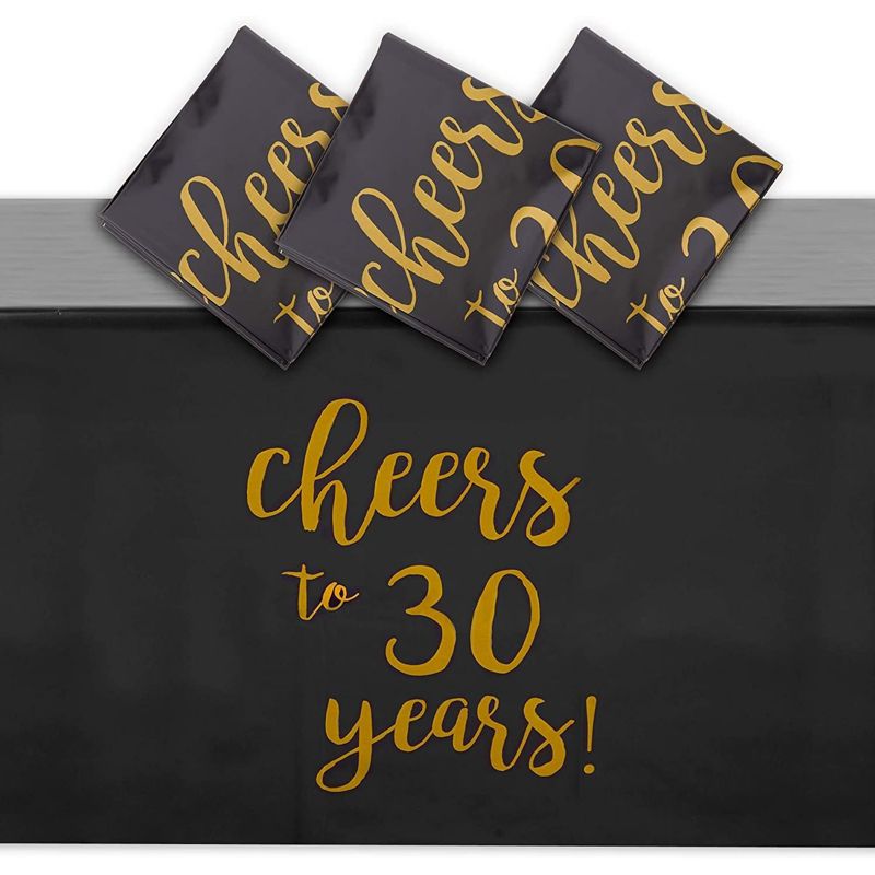 Sparkle and Bash 3 Pack Black Plastic Tablecloth for 30th Birthday Party (54 x 108 in), 2 of 7