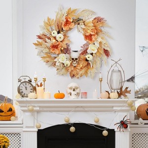 22 Inch Wreath with White Pumpkins Rose Maple Leaves for Indoor Outdoor Wall Window Front Door Porch Mantle Halloween Decoration - 1 of 4