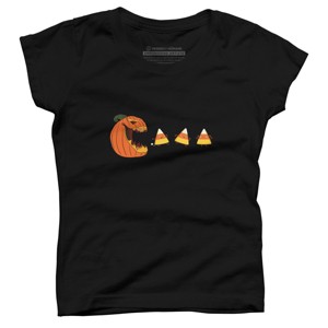 Girl's Design By Humans Halloween Gamer Pumpkin Eating Candy Corn By rawresh6 T-Shirt - 1 of 3
