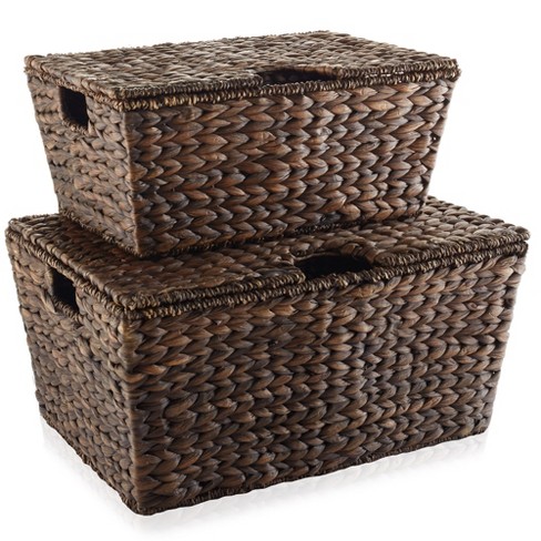 Casafield Set Of 2 Water Hyacinth Lidded Storage Baskets (medium/large),  Multipurpose Organizer Totes With Tapered Bottoms : Target