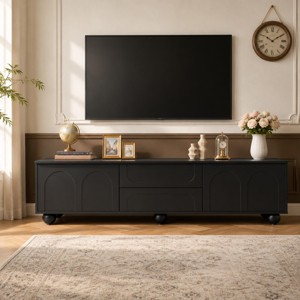Polibi Modern TV Stand with Arched Doors, 2 Drawers, Rebound