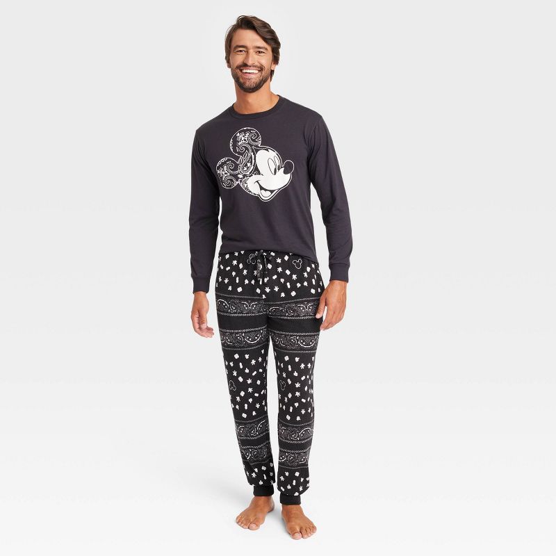 Men's Disney Mickey Bandana Print Long Sleeve Sweater Knit Pajama Set - Black, 1 of 3