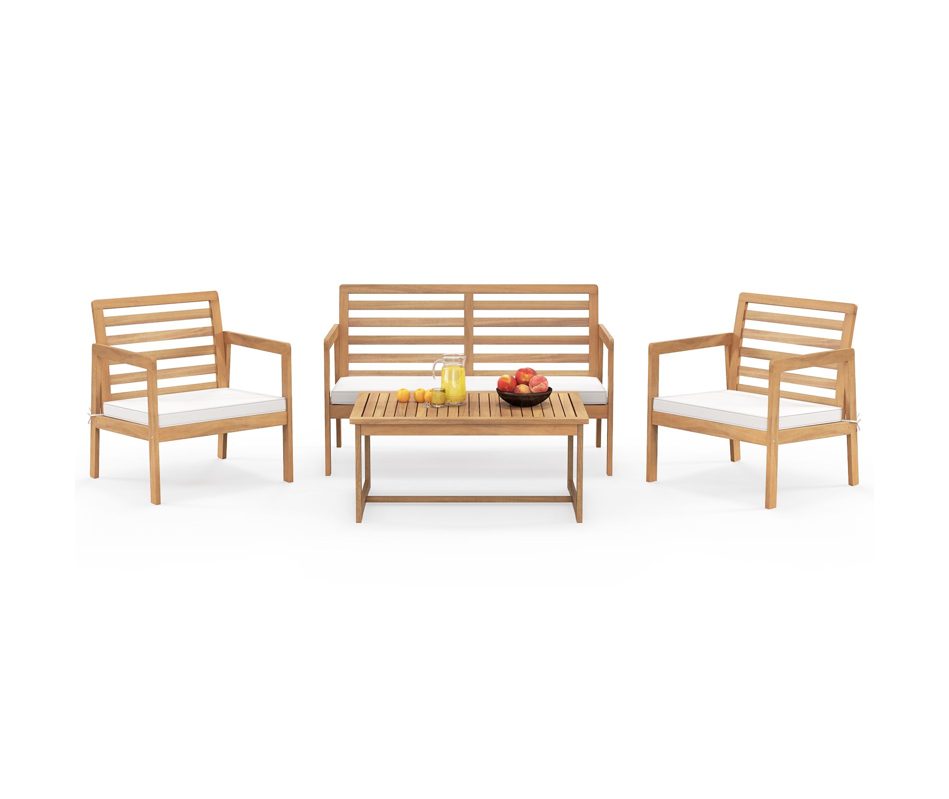 Tangkula 4 PCS Wood Patio Conversation Set Patio Furniture Set w/Seat Cushions Sturdy Acacia Wood Frame