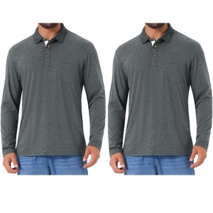 INSPIRE CHIC Men's Contrast Button Collared Pocket Long Sleeve Golf Polo T-Shirts 2 Packs - 1 of 4