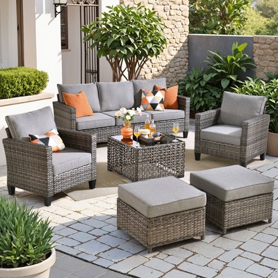 XIZZI Outdoor Sectional Sofa Set, Modular Outdoor Gray Wicker Sofa Set with Optional Solar Table, Ottomans or Fire Pit in 6 Colors, All-Weather Design
